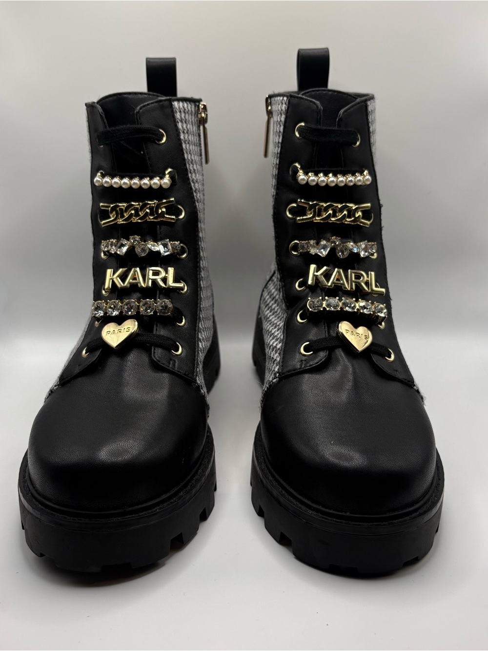Karl Lagerfeld Mela Embellished Houndstooth/Black Combat Boots 8M NWOB